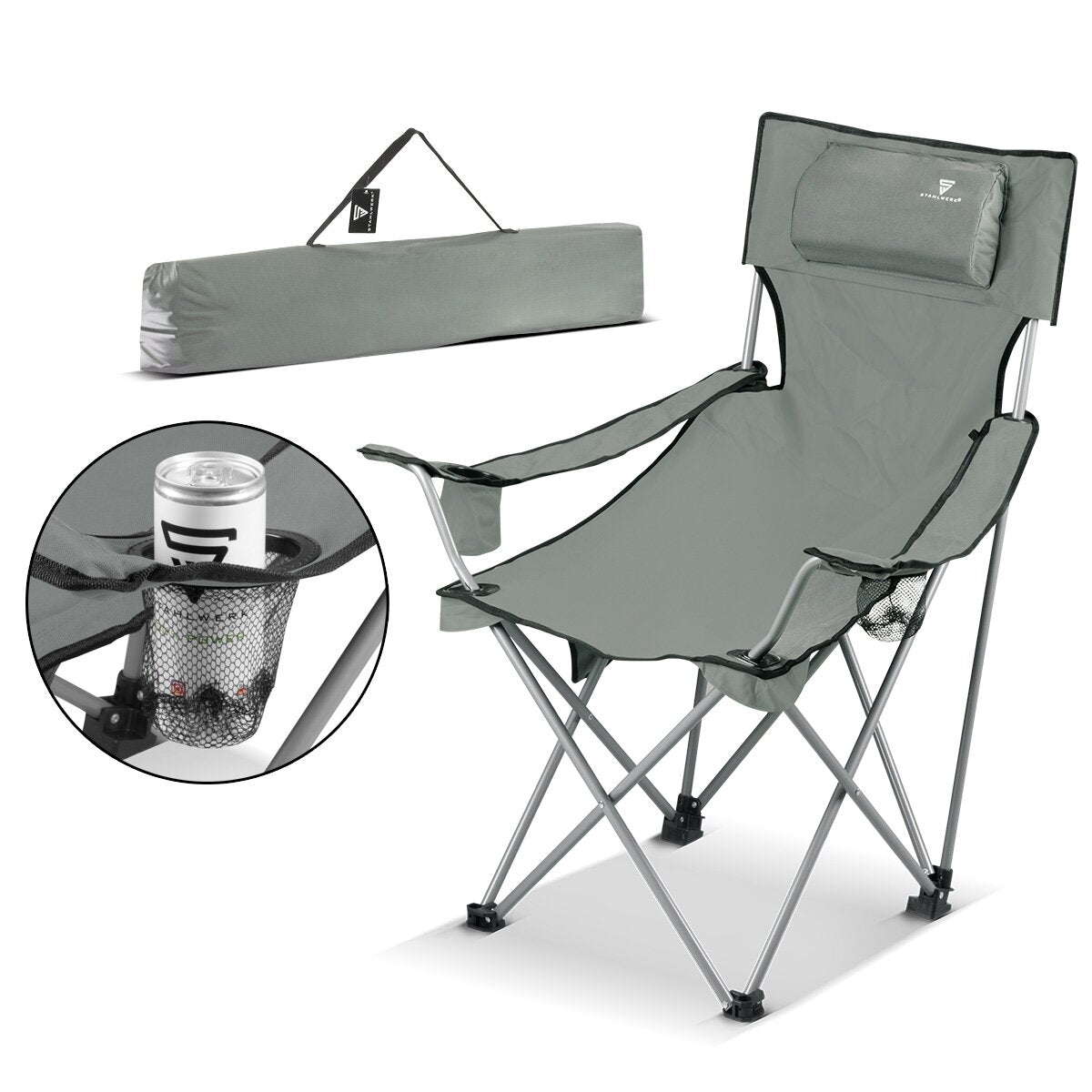Sedia da campeggio STAHLWERK CS-95 ST sedia da giardino | Sedia pieghevole | sedia pieghevole | Sedia da pesca | Sedia pieghevole | sedia pieghevole | Sedia da pesca con braccioli, tasca laterale, poggiatesta, portabicchieri e borsa per il trasporto
