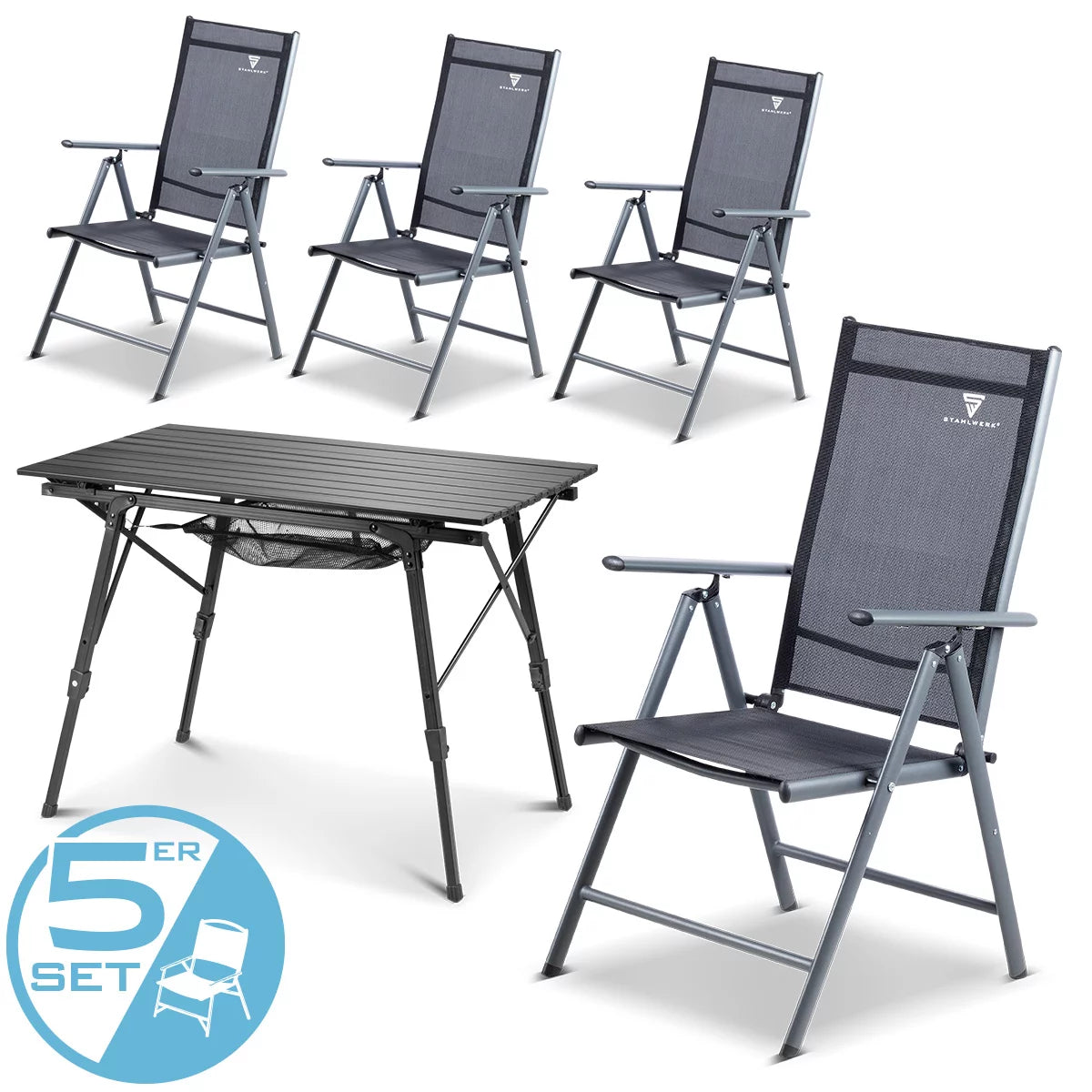 Plai de camping Steelworks CS-103 ST 4 avec table de camping CT-30 ST Table Set | Meubles de camping | Chaise de jardin | Chaise pliante | Fauteuil pliant | Chaise d'aluminium | Hochlehner | Meubles en terrasse