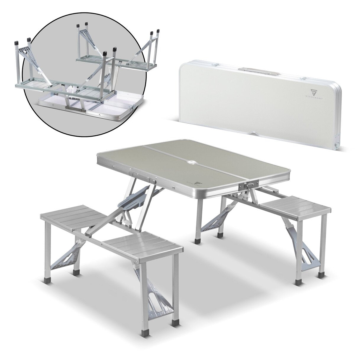STAHLWERK Campingtisch mit Stühlen | Faltbarer Aluminium-Klapptisch | Gartentisch | Biertisch | Campingmöbel | Falttisch | klappbare Tischgarnitur im Set mit Campingstühlen für 4 Personen