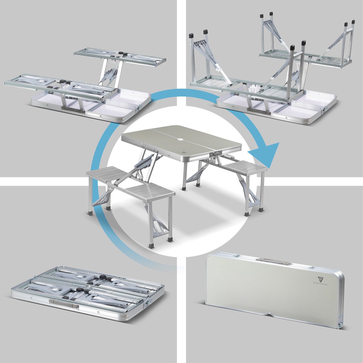 STAHLWERK Campingtisch mit Stühlen | Faltbarer Aluminium-Klapptisch | Gartentisch | Biertisch | Campingmöbel | Falttisch | klappbare Tischgarnitur im Set mit Campingstühlen für 4 Personen