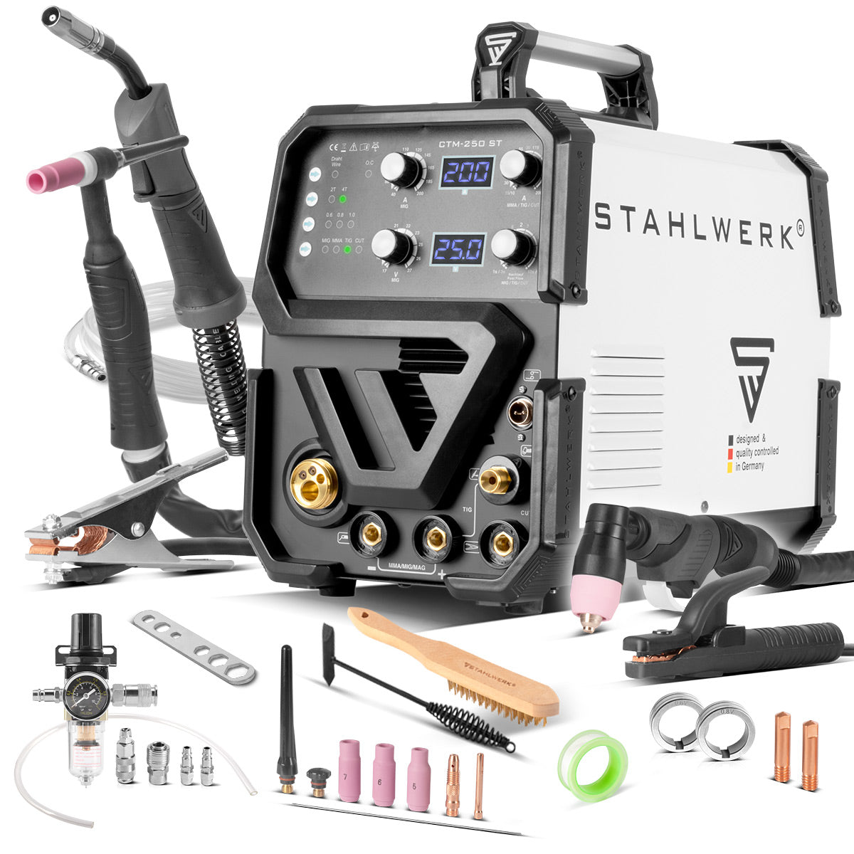 Stahlwerk CTM-2550 ST Combi Soldado Dispositivo WIG + MIG/MAG + MMA/E-HAND + CUT/Plasma con 200 amperios y 50 amperios Función de plasma, muchos parámetros de soldadura ajustables