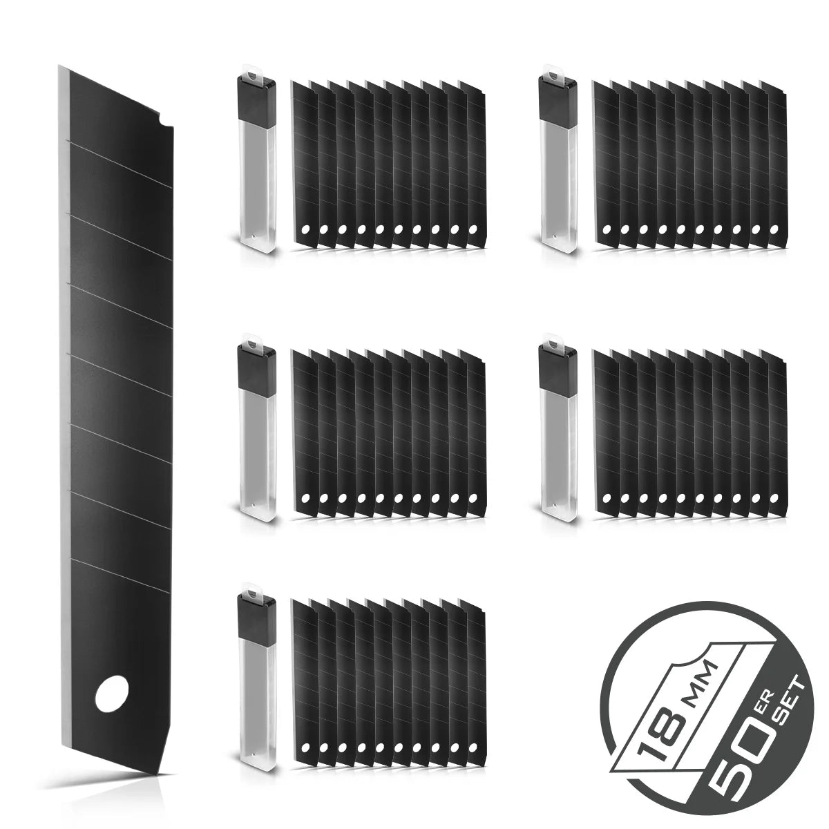 Klingen 18 mm für Cuttermesser im 50er Set präzisionsgeschliffene, schwarze Abbrechklingen | Ersatzklingen | Cuttermesserklingen | Teppichmesserklingen | Cutterklingen