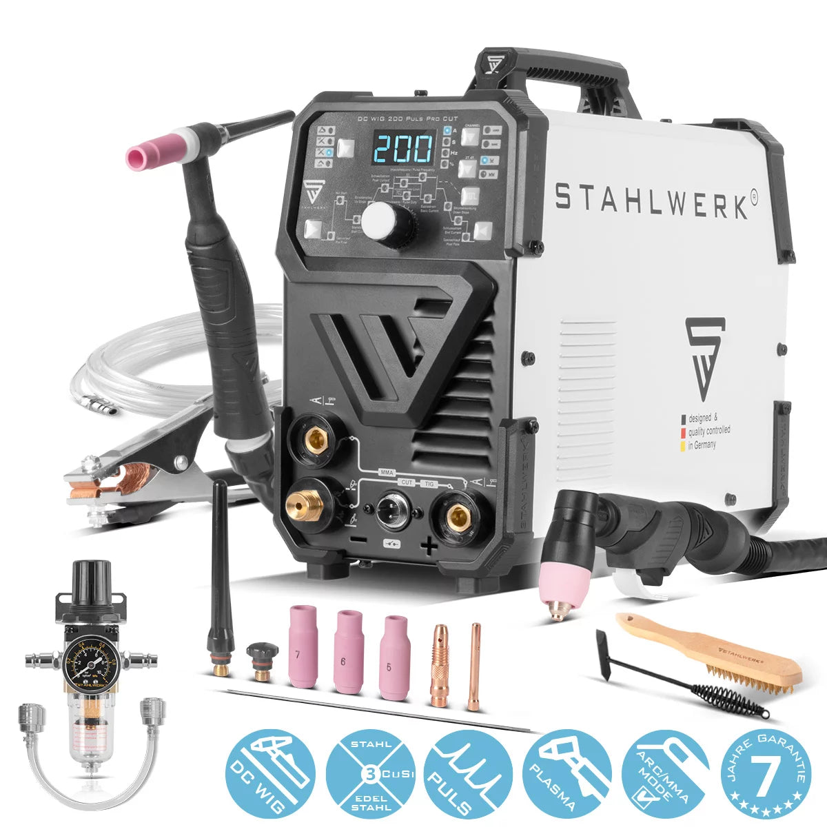 STAHLWERK 4-in-1 Kombi-Schweißgerät DC WIG 200 Puls Pro CUT, digitaler 200 A IGBT Inverter mit DC WIG | MMA | Puls-Funktion und integriertem 40 A Plasmaschneider