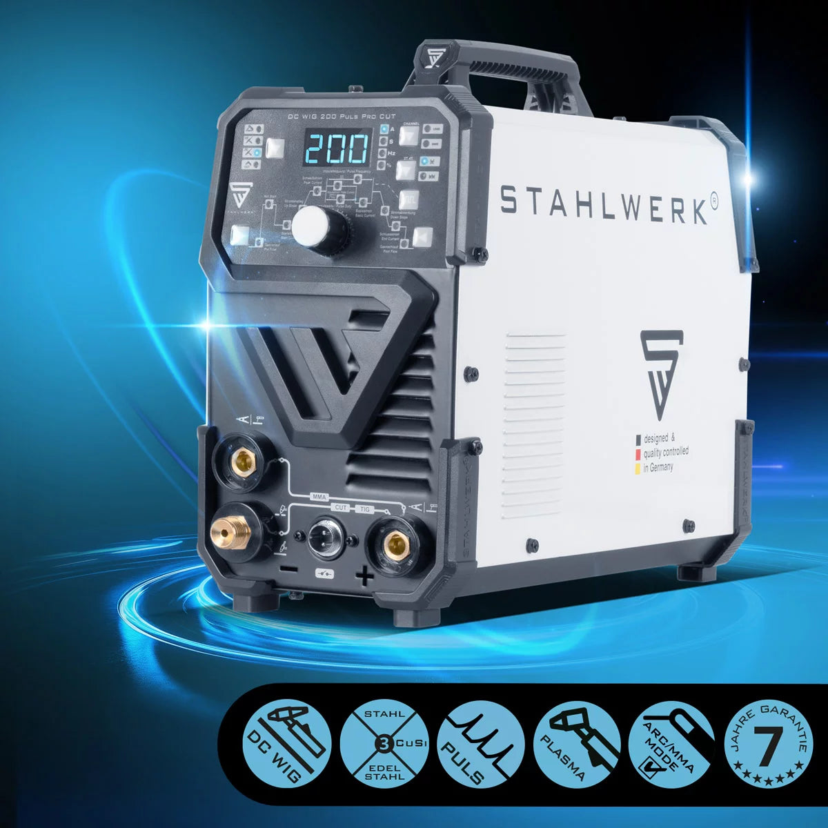 STAHLWERK 4-in-1 Kombi-Schweißgerät DC WIG 200 Puls Pro CUT Vollausstattung, digitaler 200 A IGBT Inverter mit DC WIG | MMA | Puls-Funktion und integriertem 40 A Plasmaschneider