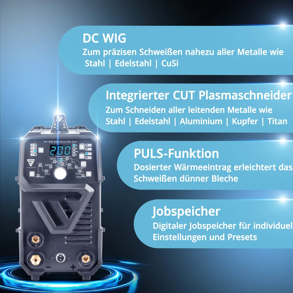 STAHLWERK 4-in-1 Kombi-Schweißgerät DC WIG 200 Puls Pro CUT Vollausstattung, digitaler 200 A IGBT Inverter mit DC WIG | MMA | Puls-Funktion und integriertem 40 A Plasmaschneider