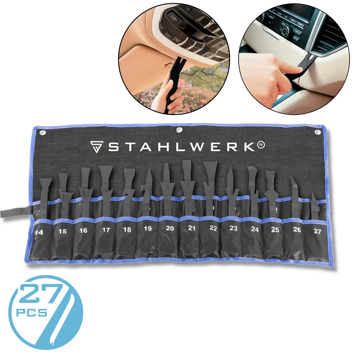 Ensemble d'outils de démontage de Stahlwerk Tool à 27 parties outil étranger | Cliplöner | Clipber | Coin d'assemblage | Levier de montage | Coin de bande ornementale | Outil de levier automatique pour le retrait doux du revêtement intérieur du véhicule