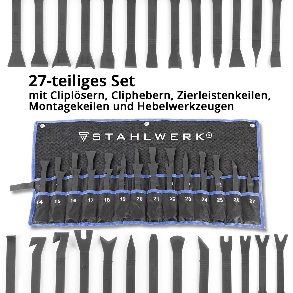 Ensemble d'outils de démontage de Stahlwerk Tool à 27 parties outil étranger | Cliplöner | Clipber | Coin d'assemblage | Levier de montage | Coin de bande ornementale | Outil de levier automatique pour le retrait doux du revêtement intérieur du véhicule