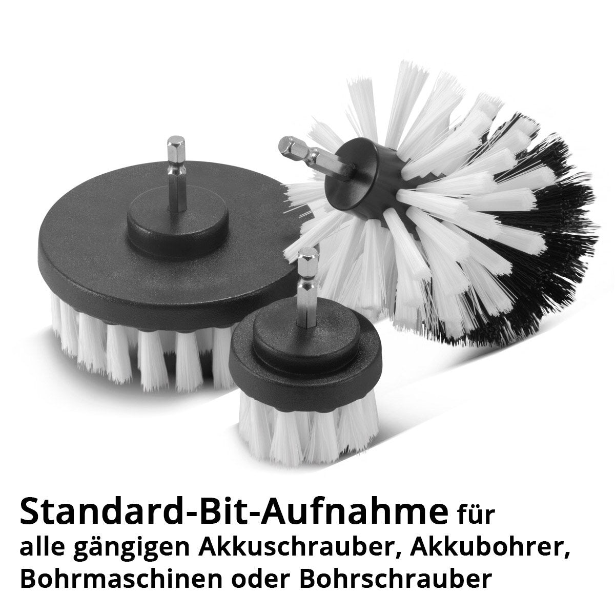 STAHLWERK Bürsten-Aufsatz 4er Set für Akkuschrauber und Bohrmaschinen, Reinigungs-, Polier- und Detailing-Bürsten mit Standard-Bit-Aufnahme inklusive Verlängerungs-Adapter
