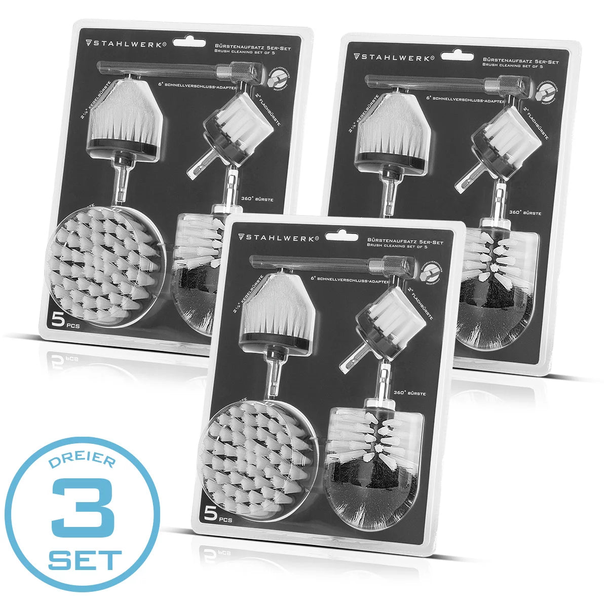 STAHLWERK Bürsten-Aufsatz 15er Set für Akkuschrauber und Bohrmaschinen, Reinigungs-, Polier- und Detailing-Bürsten mit Standard-Bit-Aufnahme inklusive Verlängerungs-Adapter