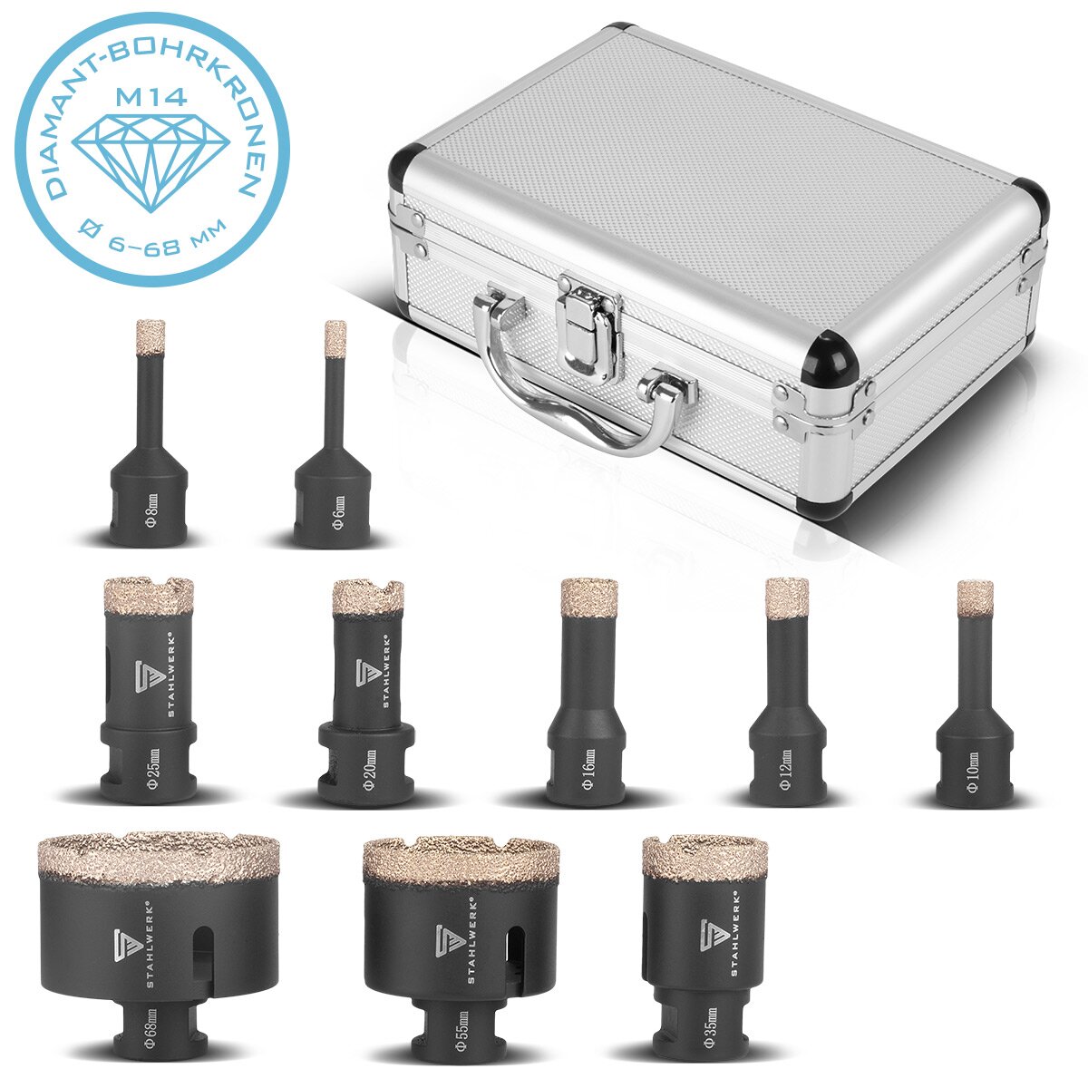 Steelworks Diamond Bohrkrowns 10 Conjunto 6-68 mm M14 Diamant Drill | Corona de perforación de baldosas | Taladros de baldosas para molinillo angular