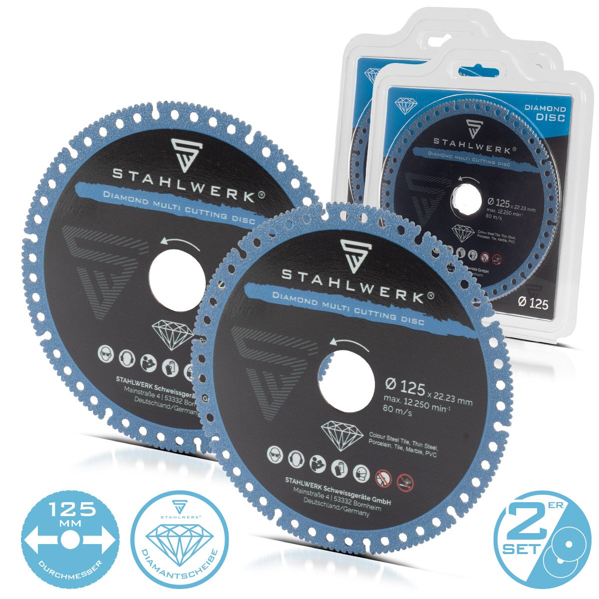 Steelworks Diamant Multi Separation Disc 2 Set 125 x 22,23 mm | Acciaio, porcellana, marmo, PVC | Precisione ad alta taglio e durata di lunga durata