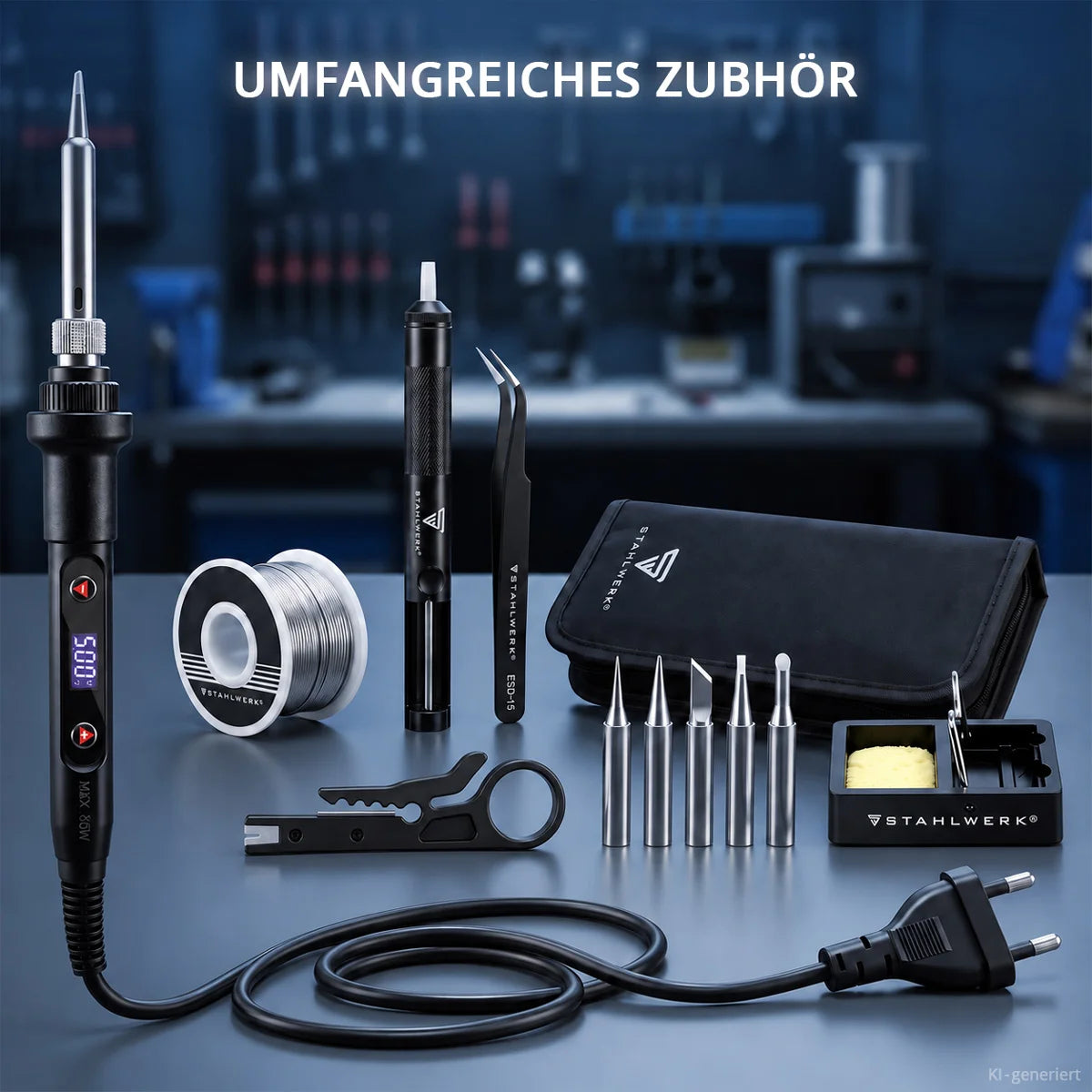 Digitales Lötkolben-Set 80 W | 180-500 °C | LCD-Display, Keramik-Heizelement, Temperaturkalibrierung und Speicherfunktion | für Weichlötarbeiten