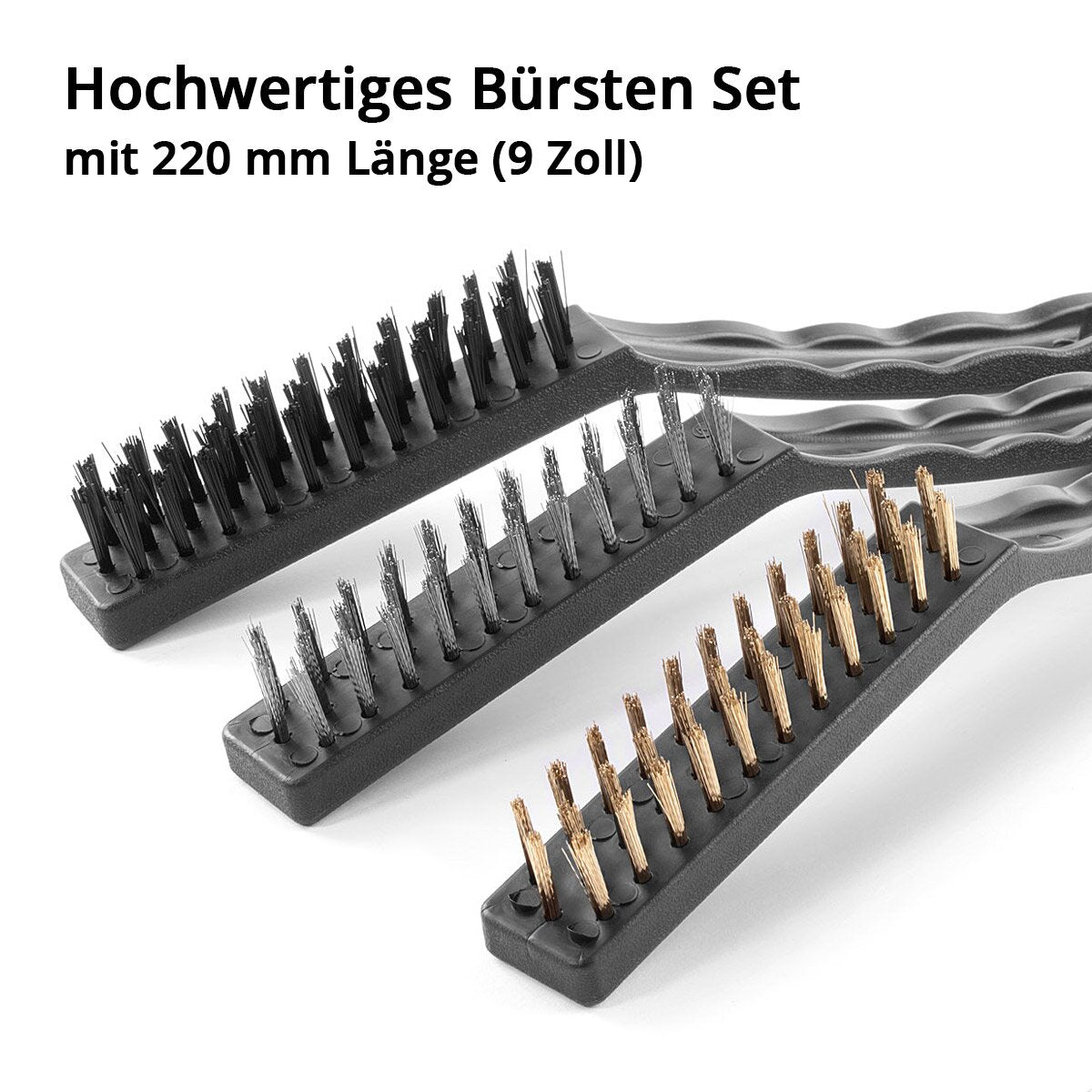 STAHLWERK Drahtbürsten Set 220 mm (9 Zoll) 6-teiliger Bürstensatz aus Messingbürste, Stahlbürste und Nylonbürste zum effektiven Reinigen von Oberflächen