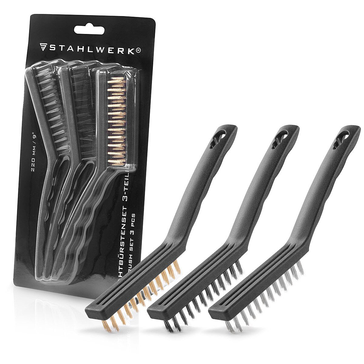 STAHLWERK Drahtbürsten Set 220 mm (9 Zoll) 3-teiliger Bürstensatz aus Messingbürste, Stahlbürste und Nylonbürste zum effektiven Reinigen von Oberflächen
