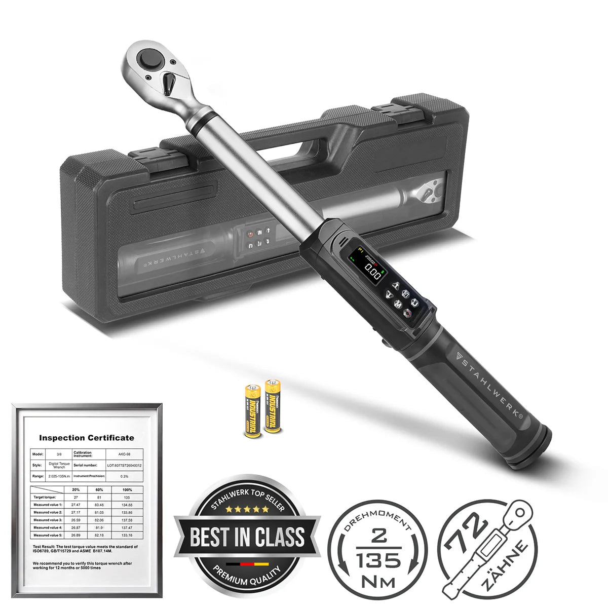STAHLWERK Digitaler Drehmomentschlüssel 2-135 Nm 3/8"-Aufnahme | 72 Zähne | 420 mm | mit Eichzertifikat |Umschaltknarre | Ratschenschlüssel | Ratsche | LED-Anzeige und Transportbox