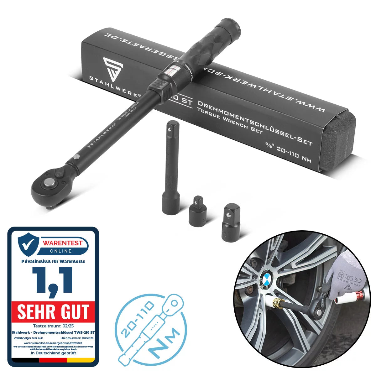 Clé de virage en acier TWS-1110 ST 20-110 NM 3/8 “SCHALTWNRARRE | CLÉS RACHET | Ratchet | Ratchet | Ratchet avec échelle micrométrique comprenant une tige d'extension, 1/2” et 1/4 ”