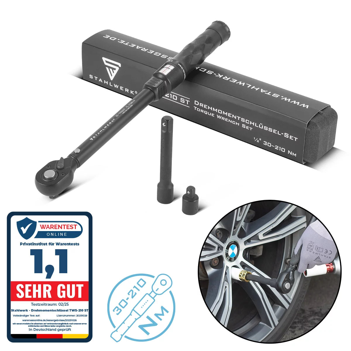 Corque à couple en acier TWS-210 ST 30-210 NM 1/2 «Craquements de rotation | Clés à cliquet | Ratchet | cliquette | cliquette avec échelle micrométrique, y compris la tige d'extension et 3/8»