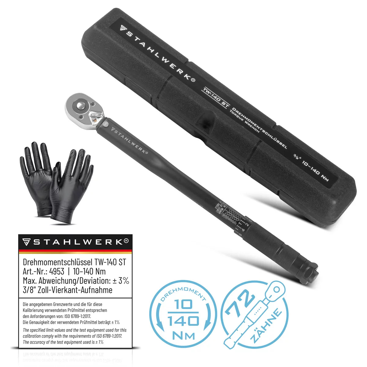 STAHLWERK Drehmomentschlüssel TW-140 ST 10-140 Nm 3/8“ Zoll Umschaltknarre | Ratschenschlüssel | Ratsche | Knarre mit Mikrometerskala