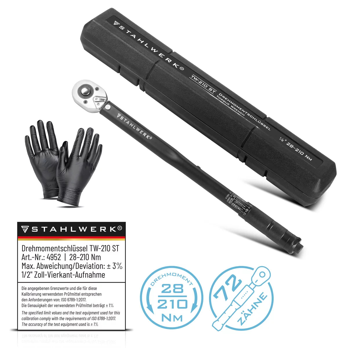 STAHLWERK Drehmomentschlüssel TW-210 ST 28-210 Nm 1/2“ Zoll Umschaltknarre | Ratschenschlüssel | Ratsche | Knarre mit Mikrometerskala