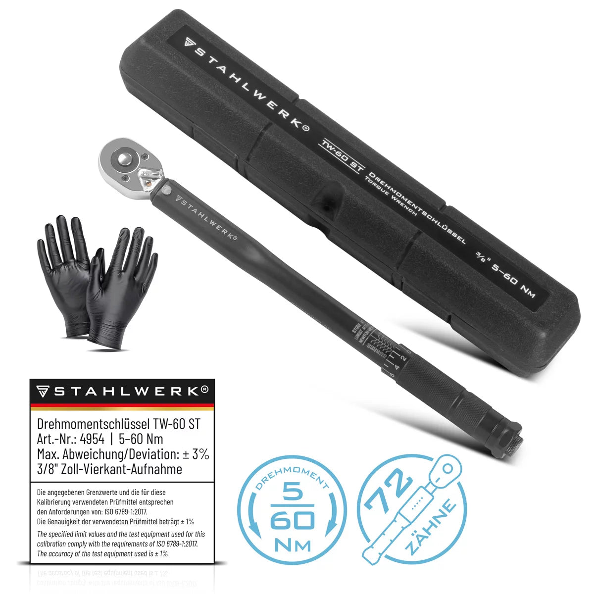STAHLWERK Drehmomentschlüssel TW-60 ST 5-60 Nm 3/8“ Zoll Umschaltknarre | Ratschenschlüssel | Ratsche | Knarre mit Mikrometerskala