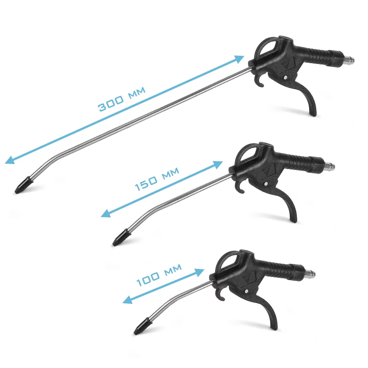 STAHLWERK Kit de 3 soufflettes à air comprimé | Longueurs de buses 100, 150 et 300 mm | Pression de service 6 bars | Raccord 1/4" | Pistolet de nettoyage à air comprimé ergonomique pour ateliers automobiles et artisanat