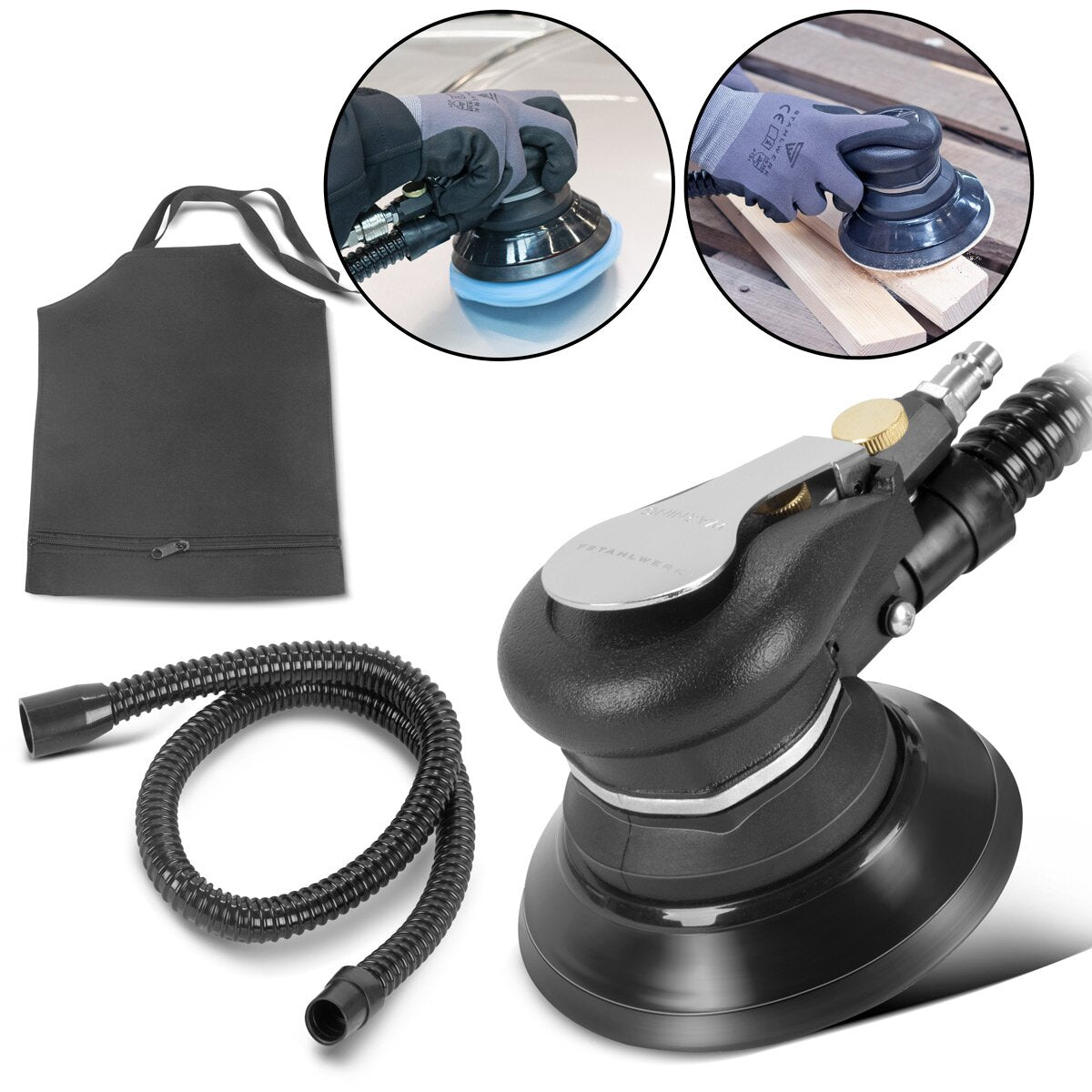 STAHLWERK Druckluft Exzenterschleifer DES-125 ST | Druckluftschleifer mit 125 mm Schleifteller | Poliermaschine zum Polieren und Schleifen von Metall, Kunststoff und Holz inkl. Absaugsystem und Staubsack