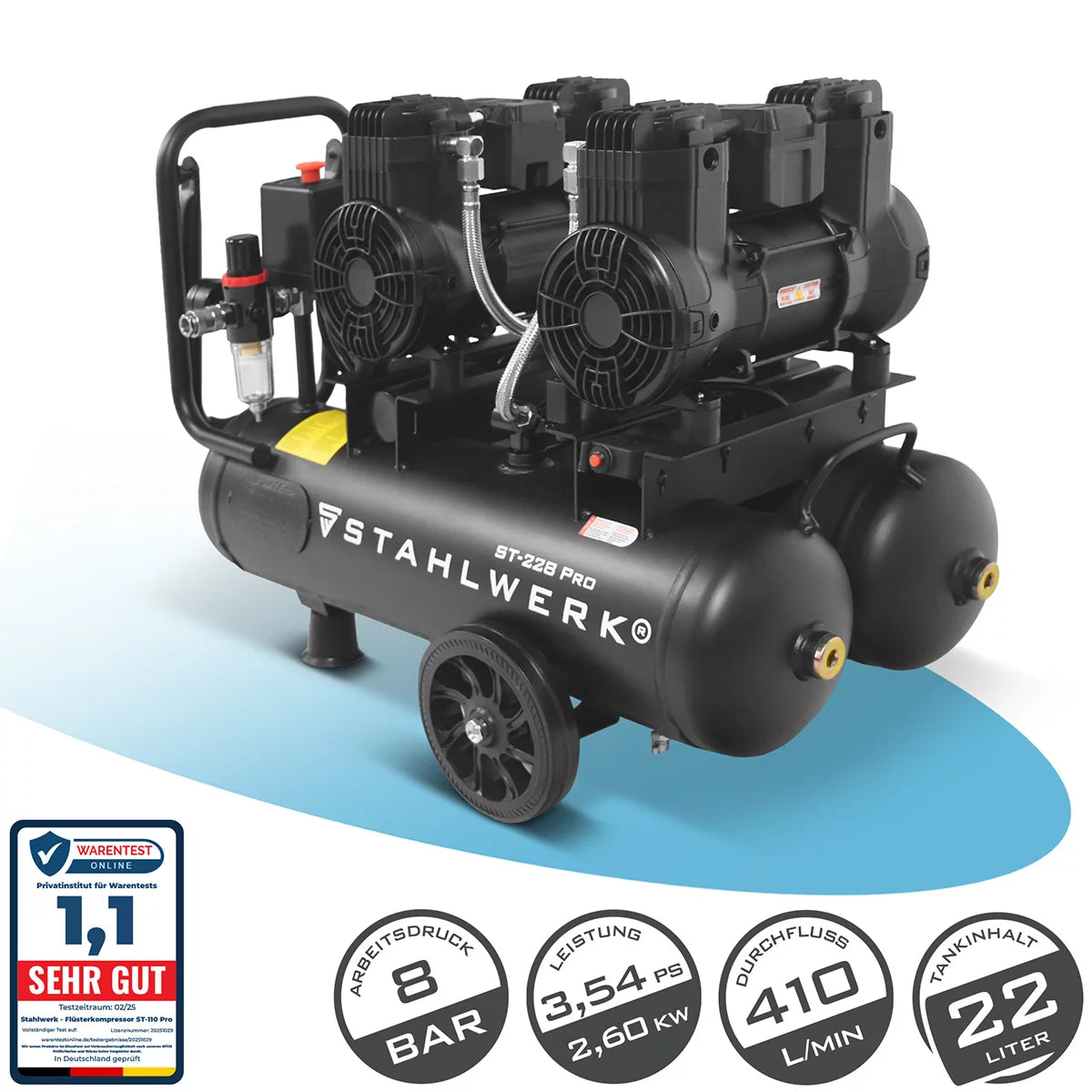 STAHLWERK compressor ST-228 Pro with 8 bar | 3.54 hp | 2.6kW | 410 l/min | 22 L tank oil-free compressed air compressor | Piston compressor | Silent compressor | Whisper compressor with brushless motors