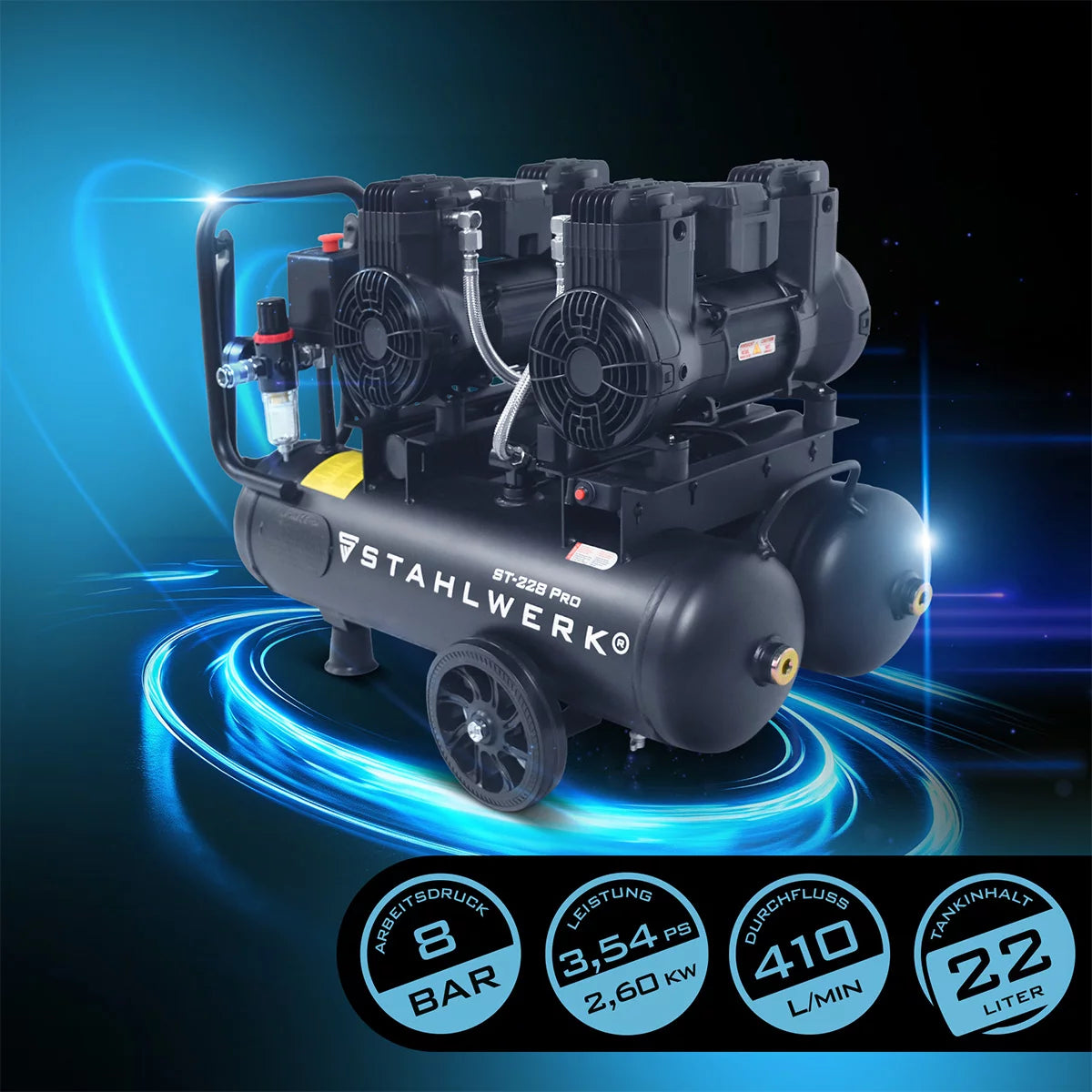 STAHLWERK compressor ST-228 Pro with 8 bar | 3.54 hp | 2.6kW | 410 l/min | 22 L tank oil-free compressed air compressor | Piston compressor | Silent compressor | Whisper compressor with brushless motors