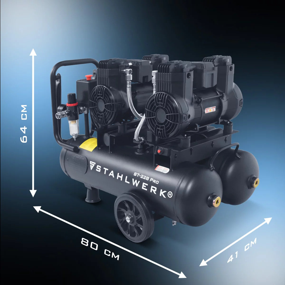 STAHLWERK compressor ST-228 Pro with 8 bar | 3.54 hp | 2.6kW | 410 l/min | 22 L tank oil-free compressed air compressor | Piston compressor | Silent compressor | Whisper compressor with brushless motors