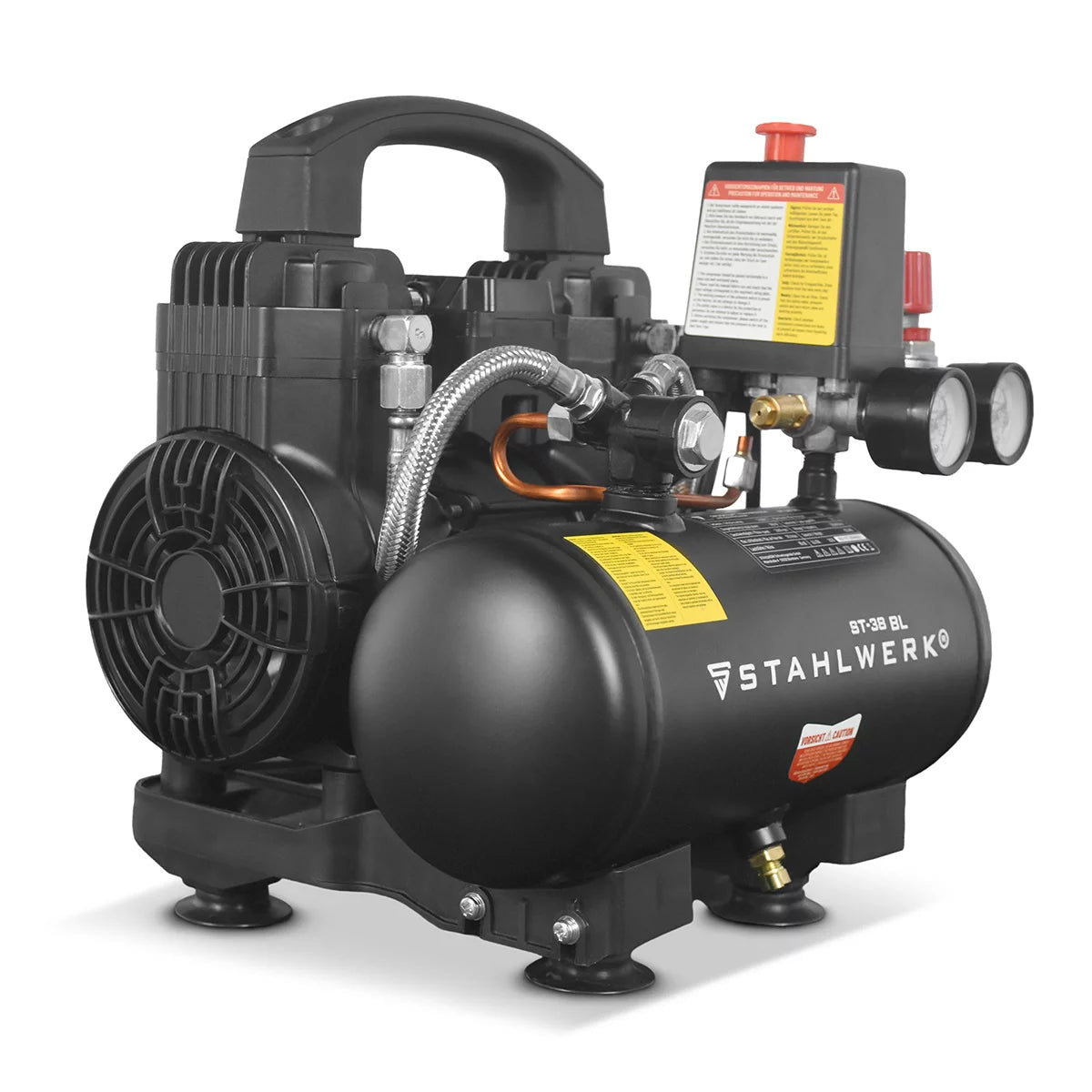 STAHLWERK compressor ST-38 BL with 8 bar | 1.22 hp | 0.90kW | 170 l/min | 3 L tank oil-free compressed air compressor | Piston compressor | Silent compressor | Whisper compressor with brushless motors