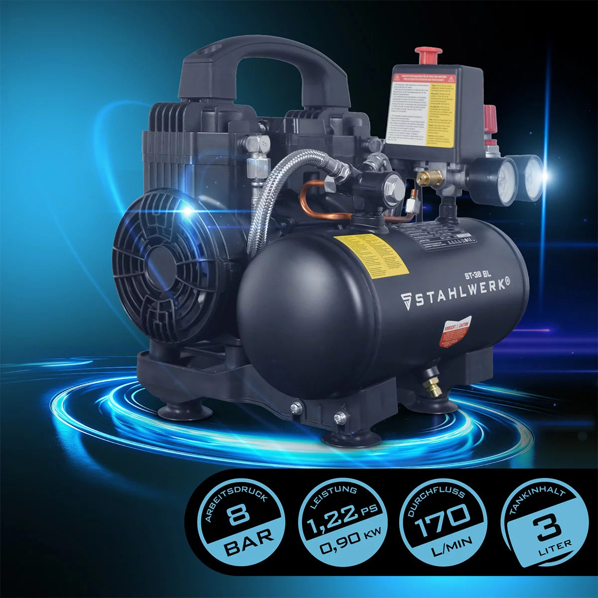 STAHLWERK compressor ST-38 BL with 8 bar | 1.22 hp | 0.90kW | 170 l/min | 3 L tank oil-free compressed air compressor | Piston compressor | Silent compressor | Whisper compressor with brushless motors