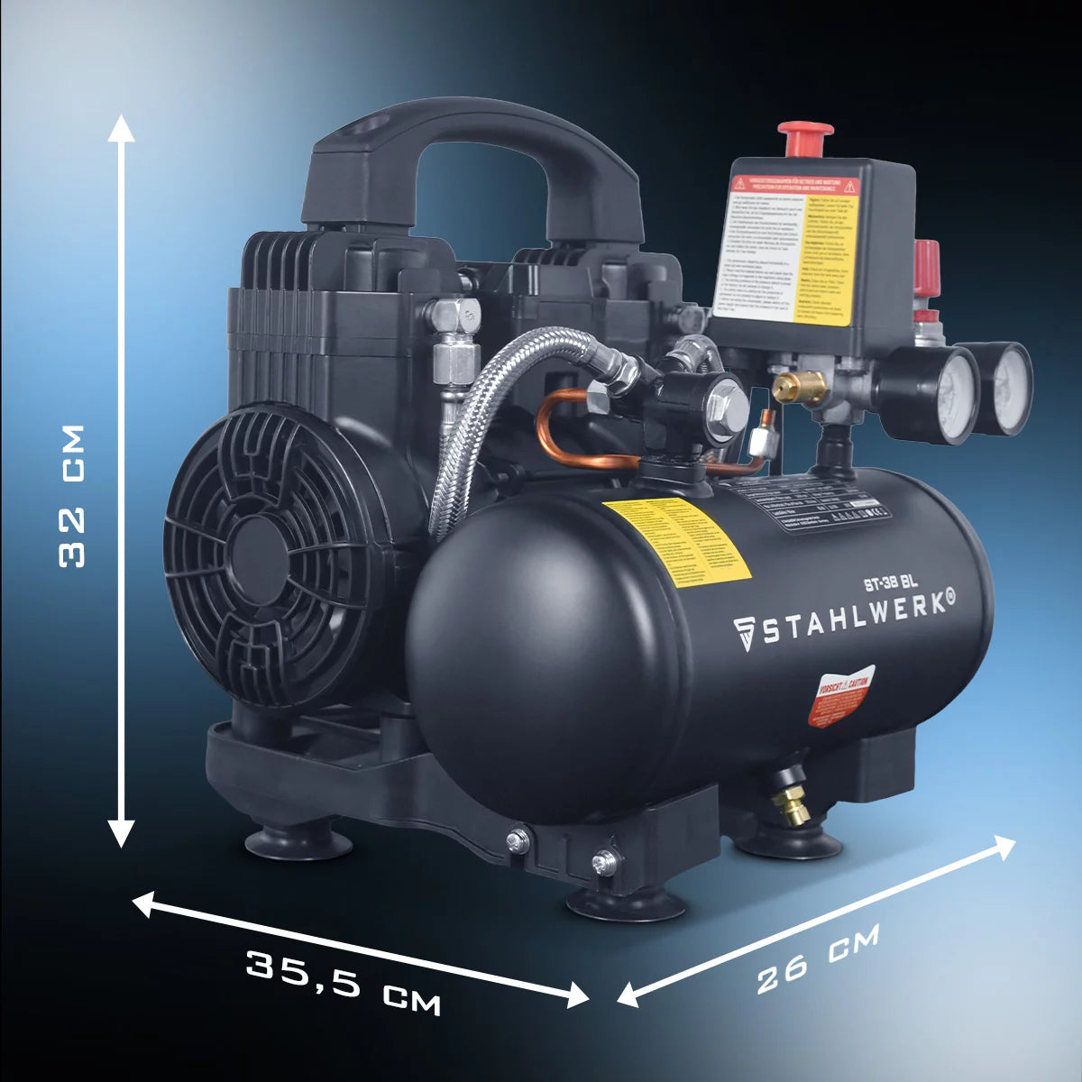 STAHLWERK compressor ST-38 BL with 8 bar | 1.22 hp | 0.90kW | 170 l/min | 3 L tank oil-free compressed air compressor | Piston compressor | Silent compressor | Whisper compressor with brushless motors