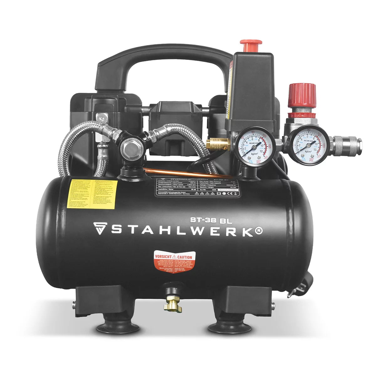 STAHLWERK compressor ST-38 BL with 8 bar | 1.22 hp | 0.90kW | 170 l/min | 3 L tank oil-free compressed air compressor | Piston compressor | Silent compressor | Whisper compressor with brushless motors