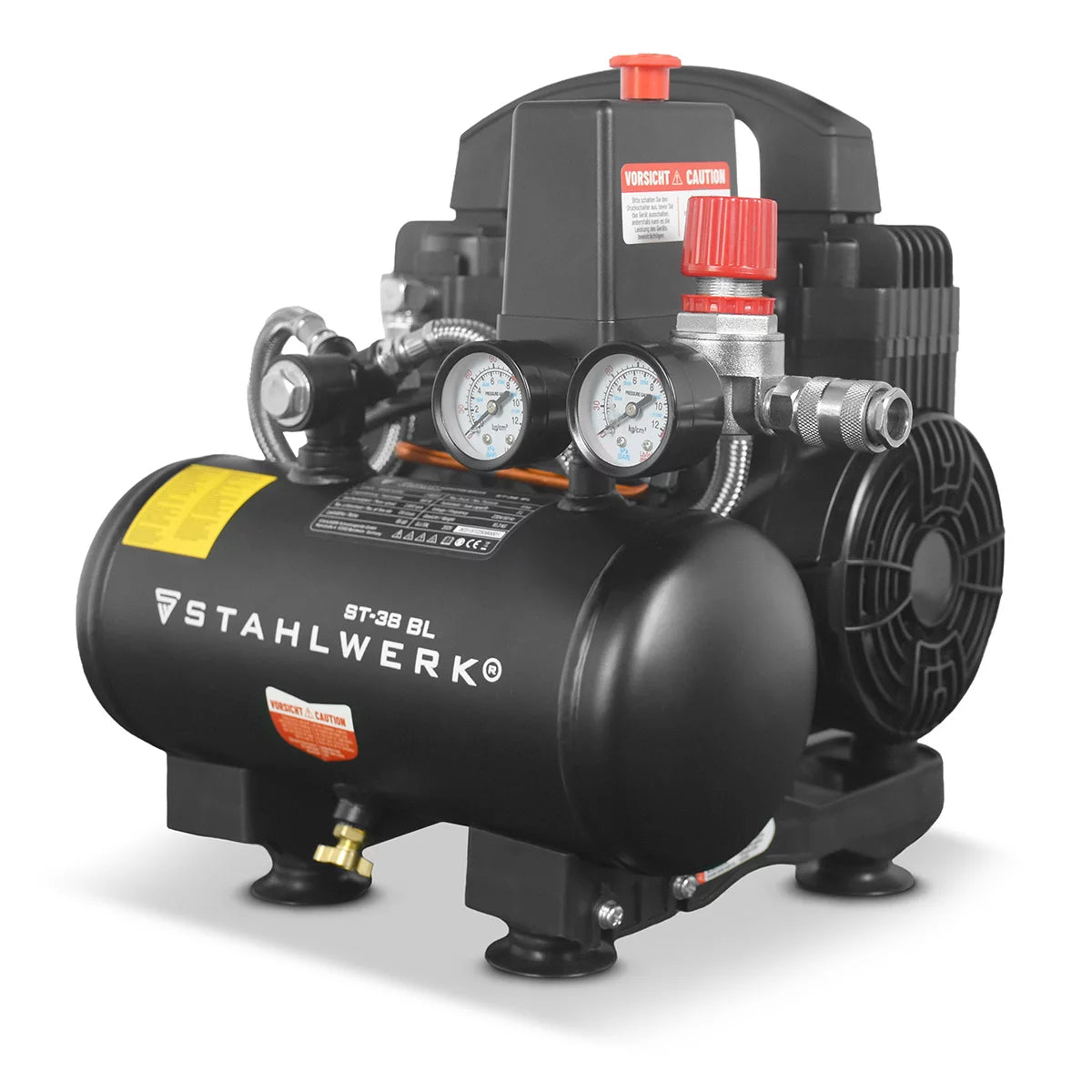 STAHLWERK compressor ST-38 BL with 8 bar | 1.22 hp | 0.90kW | 170 l/min | 3 L tank oil-free compressed air compressor | Piston compressor | Silent compressor | Whisper compressor with brushless motors
