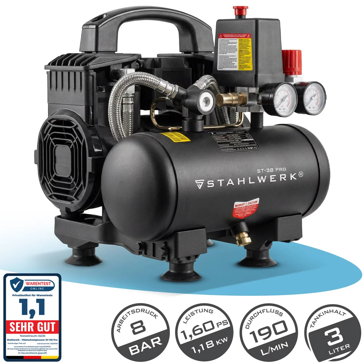 STAHLWERK compressor ST-38 Pro with 8 bar | 1.60 HP | 1.18kW | 190 l/min | 3 L tank oil-free compressed air compressor | Piston compressor | Silent compressor | Whisper compressor with brushless motors