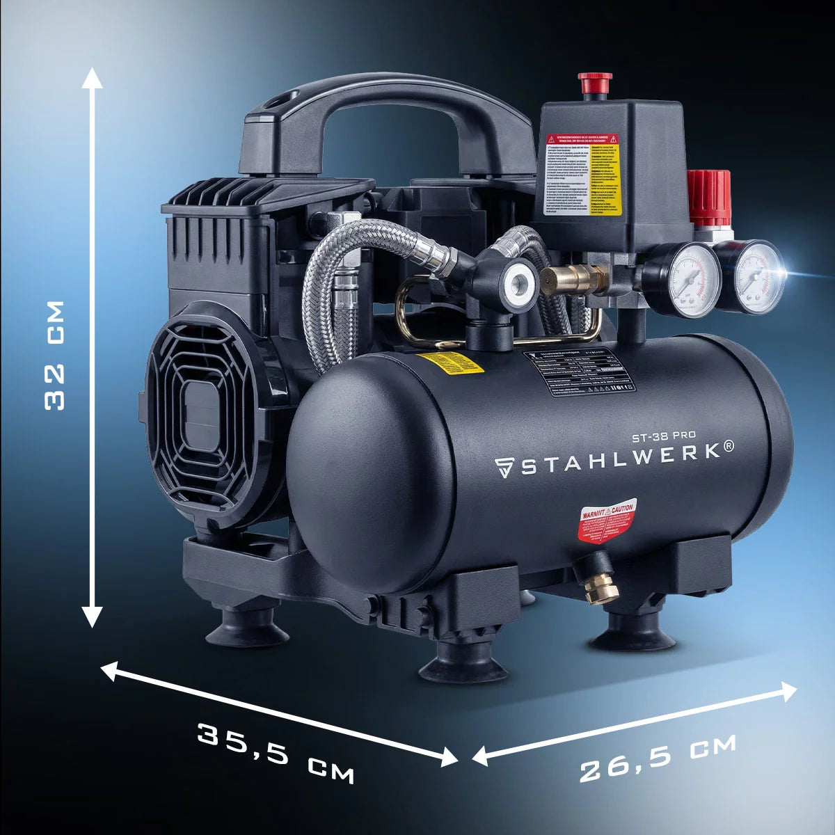 STAHLWERK compressor ST-38 Pro with 8 bar | 1.60 HP | 1.18kW | 190 l/min | 3 L tank oil-free compressed air compressor | Piston compressor | Silent compressor | Whisper compressor with brushless motors