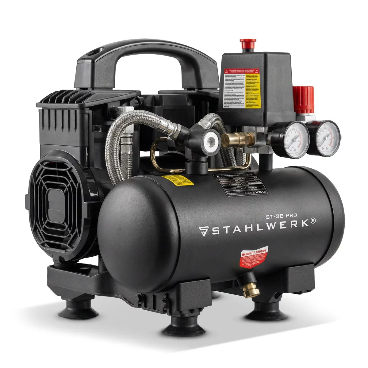 STAHLWERK compressor ST-38 Pro with 8 bar | 1.60 HP | 1.18kW | 190 l/min | 3 L tank oil-free compressed air compressor | Piston compressor | Silent compressor | Whisper compressor with brushless motors