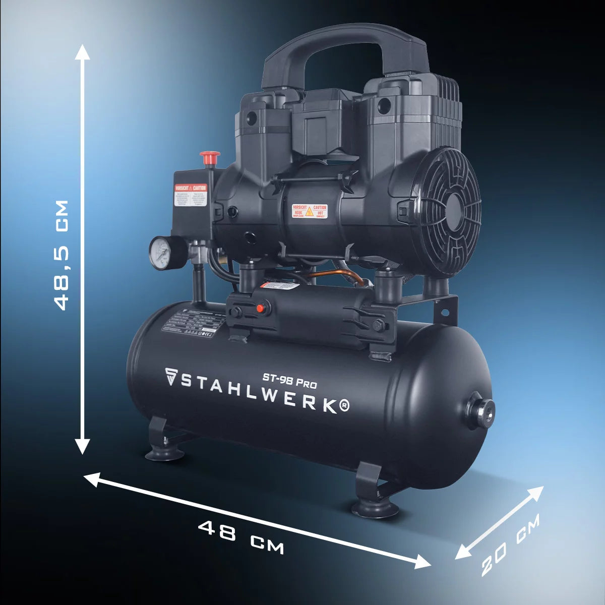 STAHLWERK compressor ST-98 Pro with 8 bar | 1.22 hp | 0.90kW | 170 l/min | 9 L tank oil-free compressed air compressor | Piston compressor | Silent compressor | Whisper compressor with brushless motors