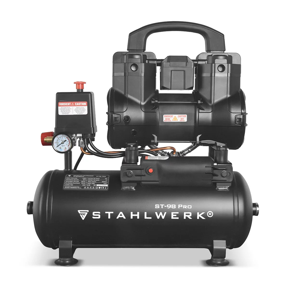 STAHLWERK compressor ST-98 Pro with 8 bar | 1.22 hp | 0.90kW | 170 l/min | 9 L tank oil-free compressed air compressor | Piston compressor | Silent compressor | Whisper compressor with brushless motors