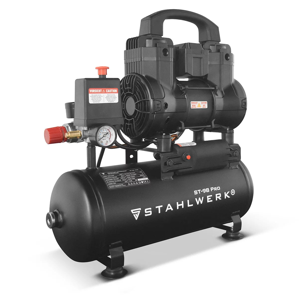 STAHLWERK compressor ST-98 Pro with 8 bar | 1.22 hp | 0.90kW | 170 l/min | 9 L tank oil-free compressed air compressor | Piston compressor | Silent compressor | Whisper compressor with brushless motors