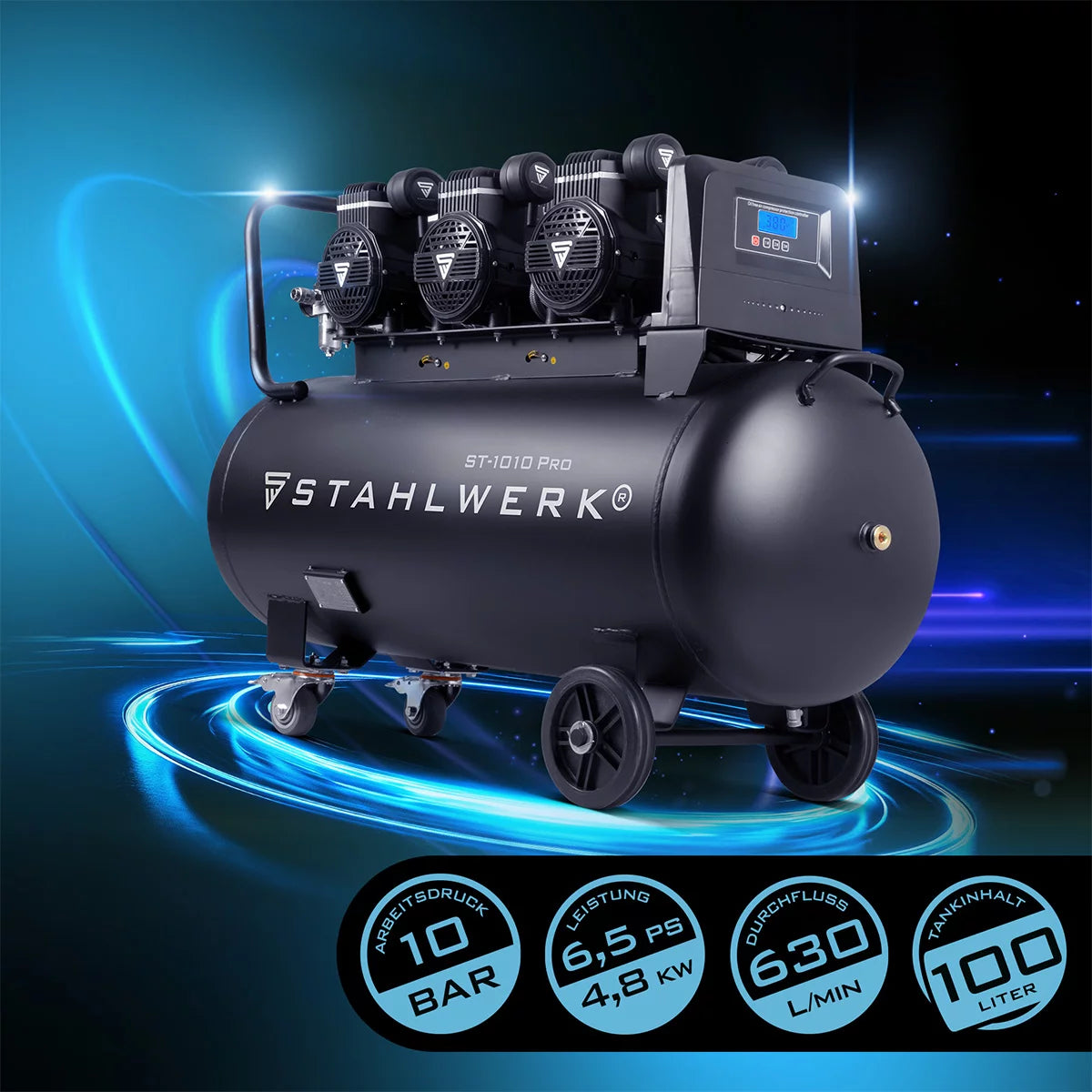 Compresseur Steelworks ST-1010 Pro avec 10 bar | 6.5 PS | 4,8 kW | 630 L / min | 100 L Réservoir de compresseur d'air comprimé sans huile | Compresseur de piston | Compresseur silencieux | COMPRESSEUR DE CHIMPER avec des moteurs sans balais