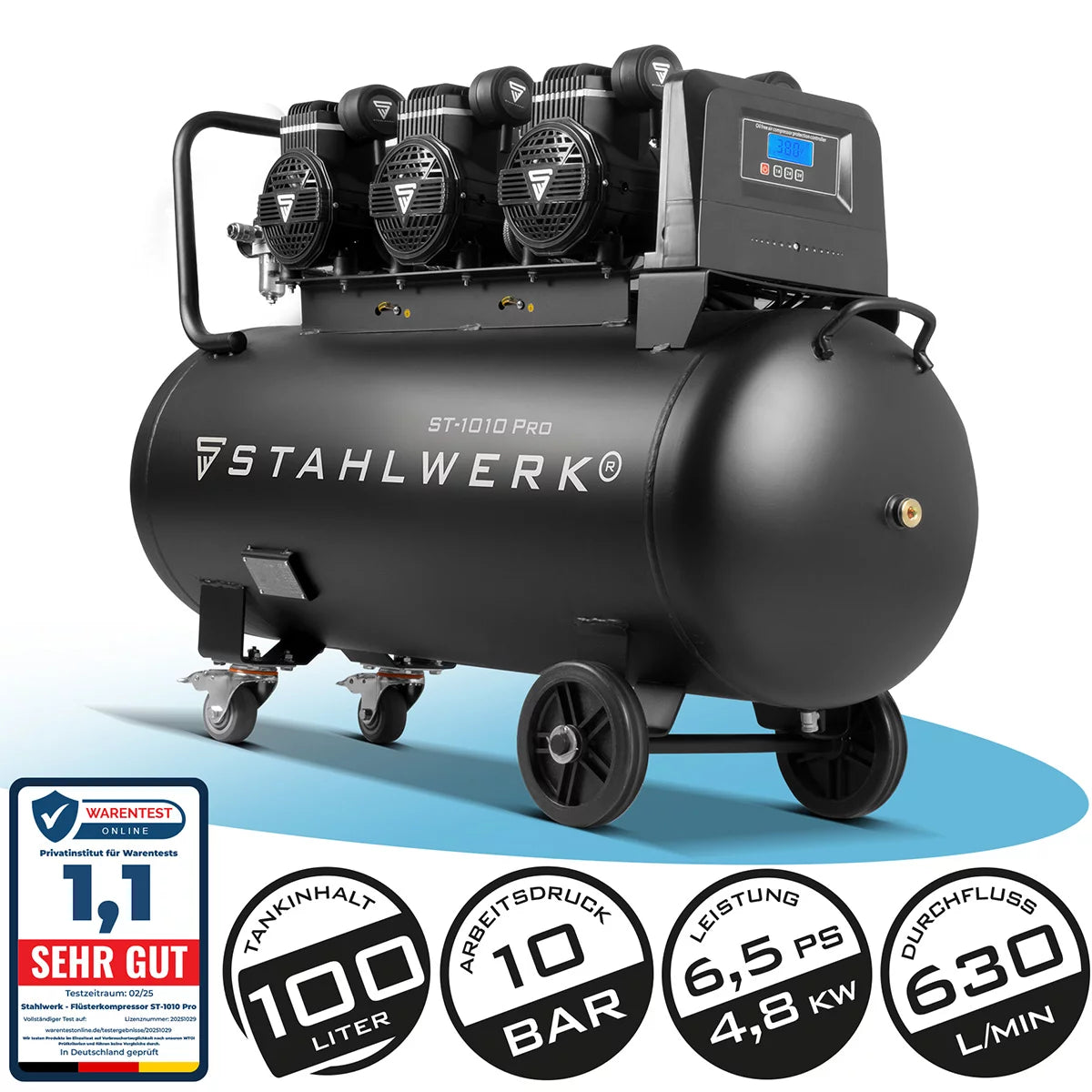 Compresseur Steelworks ST-1010 Pro avec 10 bar | 6.5 PS | 4,8 kW | 630 L / min | 100 L Réservoir de compresseur d'air comprimé sans huile | Compresseur de piston | Compresseur silencieux | COMPRESSEUR DE CHIMPER avec des moteurs sans balais