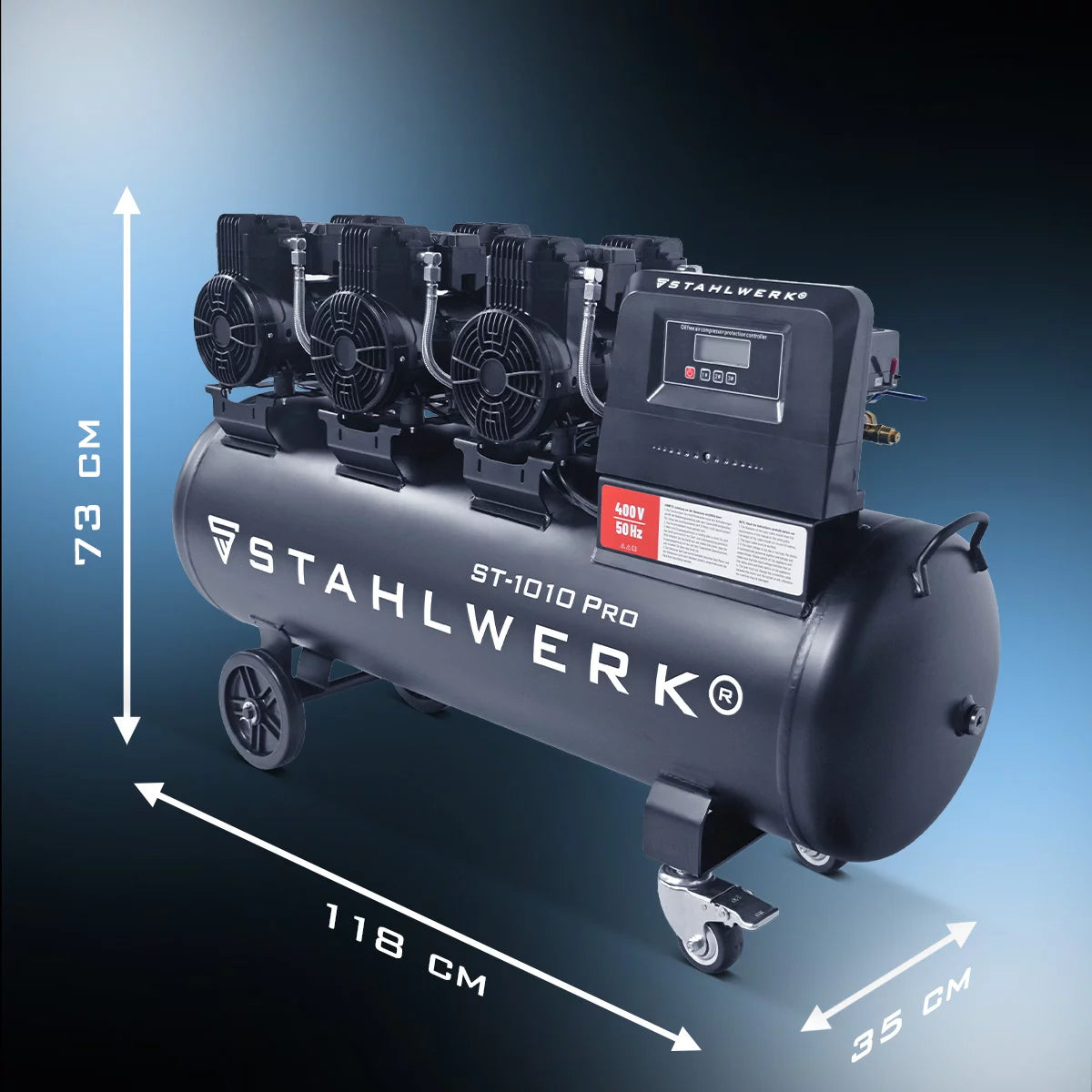 STAHLWERK compressor ST-1010 Pro with 10 bar | 5.91 hp | 4.35kW | 750 l/min | 120 L tank oil-free compressed air compressor | Piston compressor | Silent compressor | Whisper compressor with brushless motors