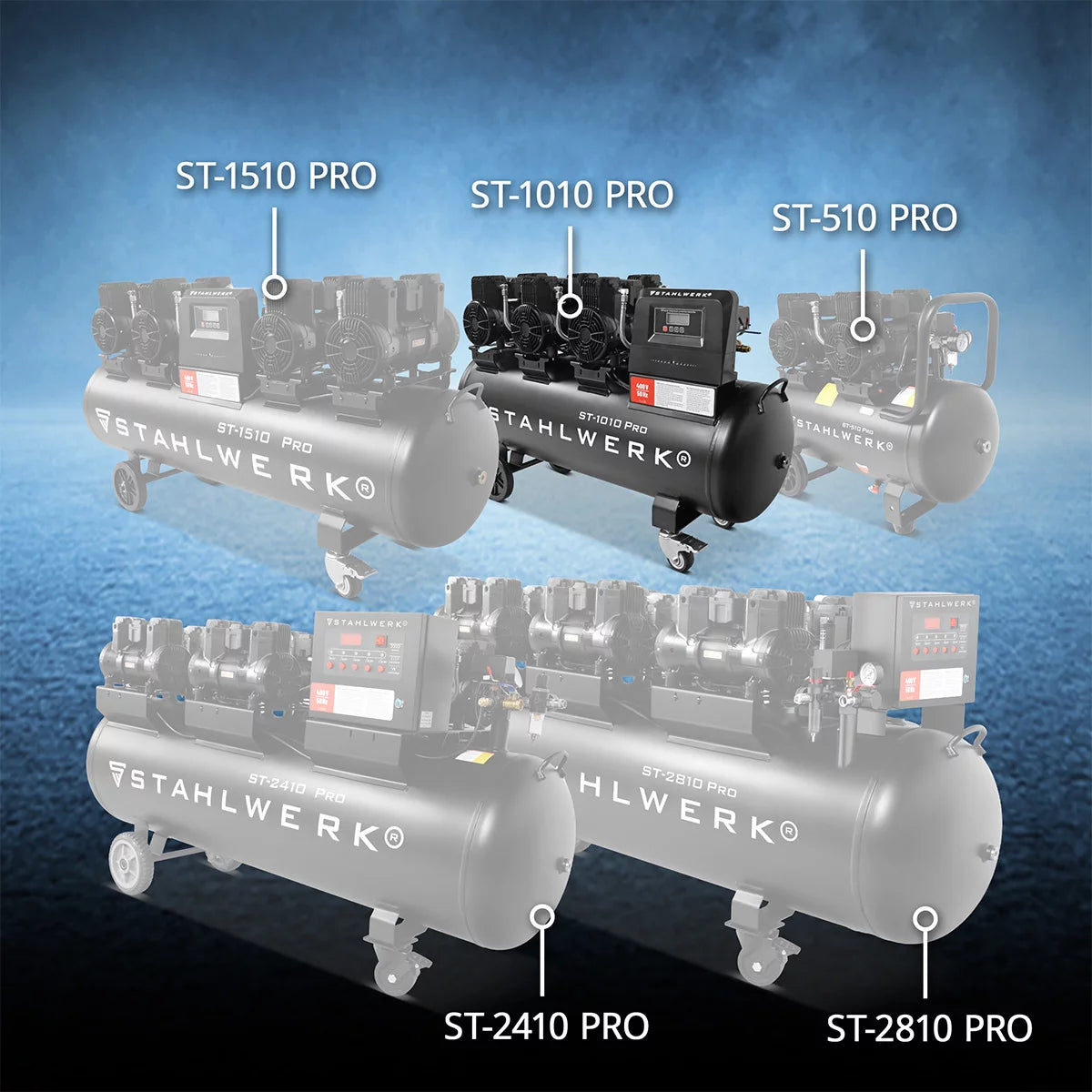 Compressore STAHLWERK ST-1010 Pro con 10 bar | 5,91 cv | 4,35kW| 750 l/min | Compressore d'aria compressa oil-free con serbatoio da 120 L | Compressore a pistone | Compressore silenzioso | Compressore Whisper con motori brushless