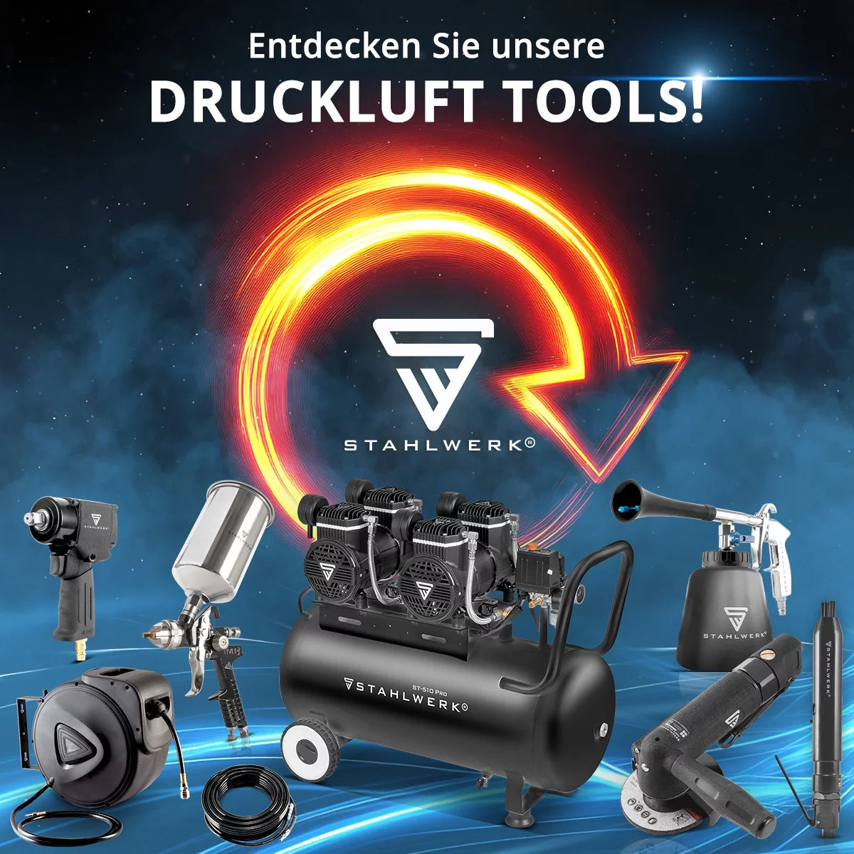 STAHLWERK Kompressor ST-110 Pro mit 10 bar | 2,1 PS | 1,6 kW | 210 l/min | 10 l Tank ölfreier Druckluft-Kompressor | Kolben-Kompressor | Silent-Kompressor | Flüster-Kompressor mit Brushless-Motoren