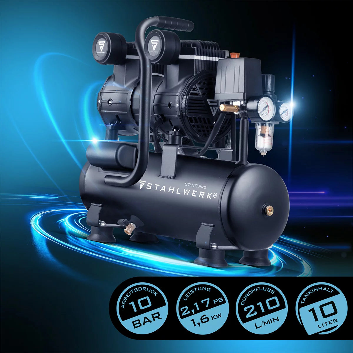 STAHLWERK Kompressor ST-110 Pro mit 10 bar | 2,1 PS | 1,6 kW | 210 l/min | 10 l Tank ölfreier Druckluft-Kompressor | Kolben-Kompressor | Silent-Kompressor | Flüster-Kompressor mit Brushless-Motoren