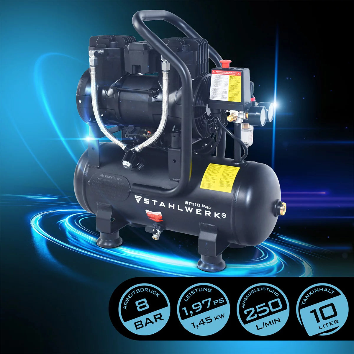STAHLWERK Kompressor ST-110 Pro mit 8 bar | 1,97 PS | 1,45 kW | 250 l/min | 10 l Tank ölfreier Druckluft-Kompressor | Kolben-Kompressor | Silent-Kompressor | Flüster-Kompressor mit Brushless-Motoren