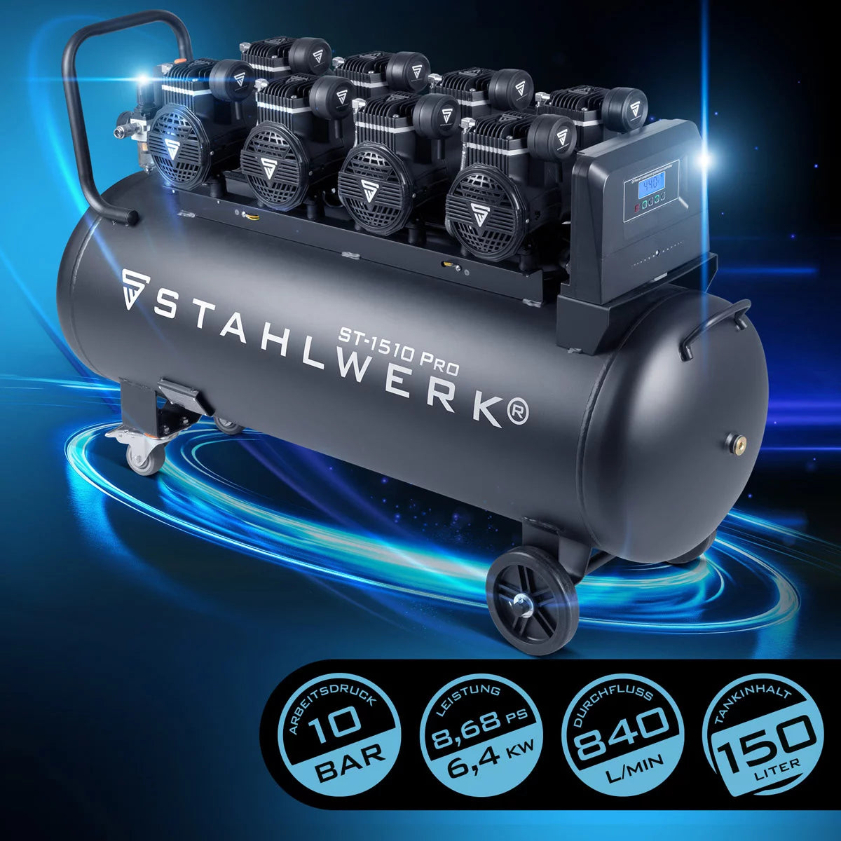 STAHLWERK Kompressor ST-1510 Pro mit 10 bar | 8,6 PS | 6,4 kW | 840 l/min | 150 l Tank ölfreier Druckluft-Kompressor | Kolben-Kompressor | Silent-Kompressor | Flüster-Kompressor mit Brushless-Motoren