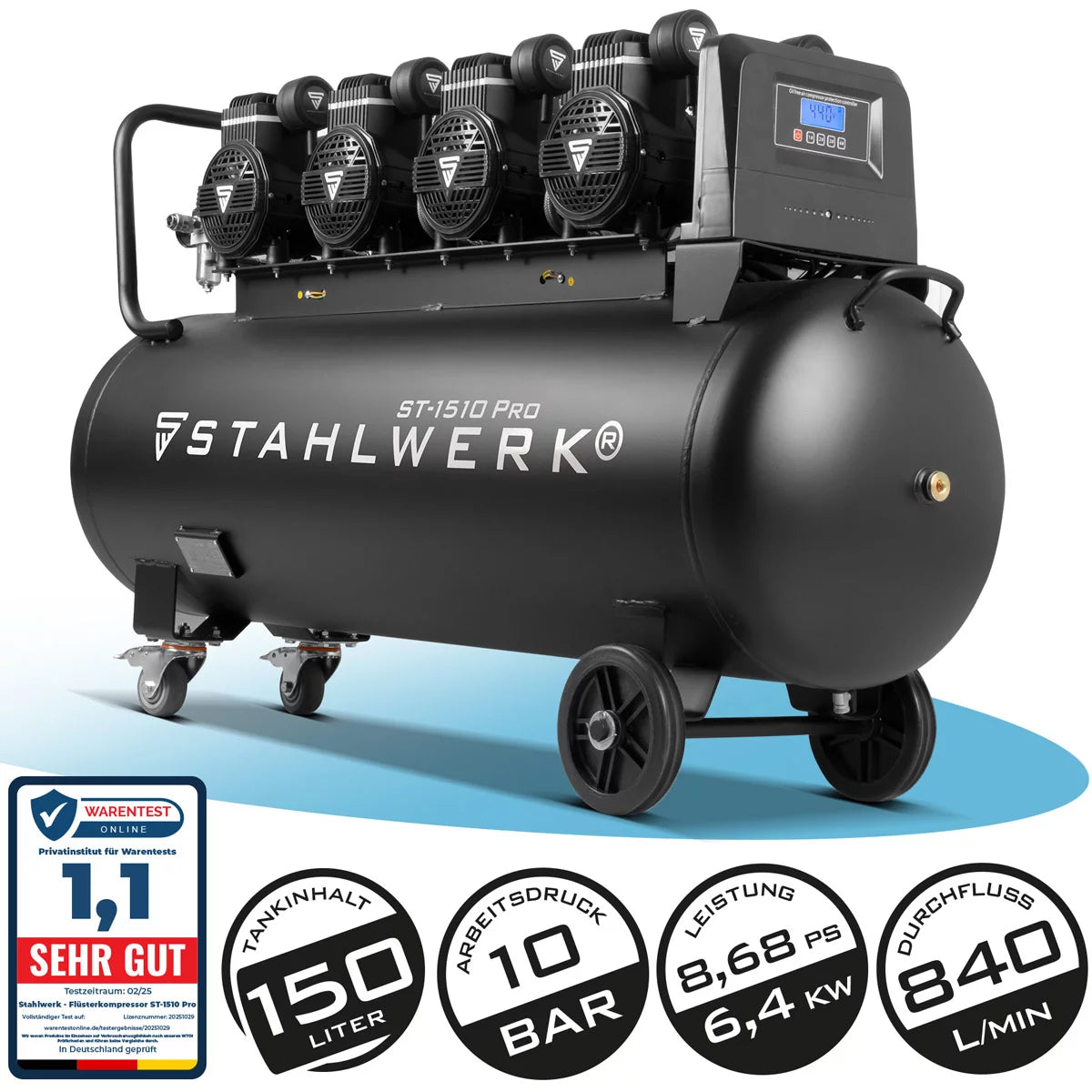 Compresseur Steelworks ST-1510 Pro avec 10 bar | 8.6 PS | 6,4 kW | 840 L / min | 150 l réservoir de compresseur d'air comprimé sans huile | Compresseur de piston | Compresseur silencieux | COMPRESSEUR DE CHIMPER avec des moteurs sans balais