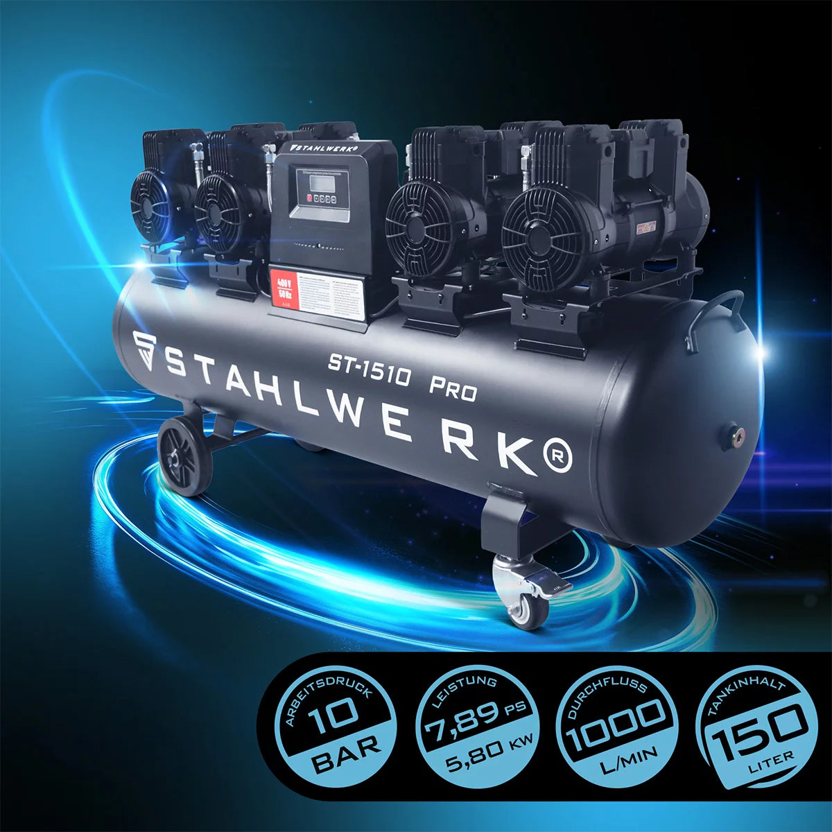 STAHLWERK compressor ST-1510 Pro with 10 bar | 7.89 hp | 5.80 kW | 1000 l/min | 150 L tank oil-free compressed air compressor | Piston compressor | Silent compressor | Whisper compressor with brushless motors
